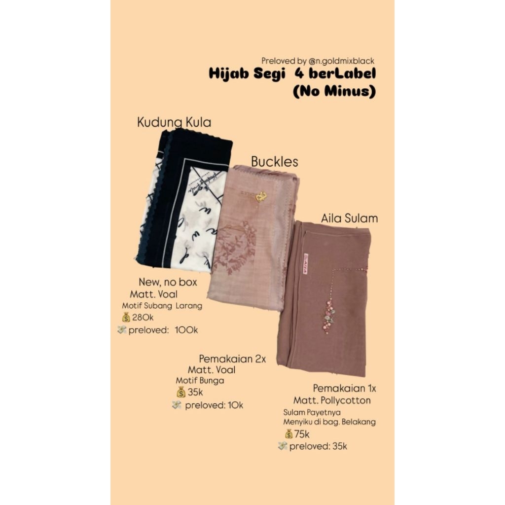 PRELOVED - Hijab Segi4 Premium berLabel "Buckles & Aila" by n.goldmixblack