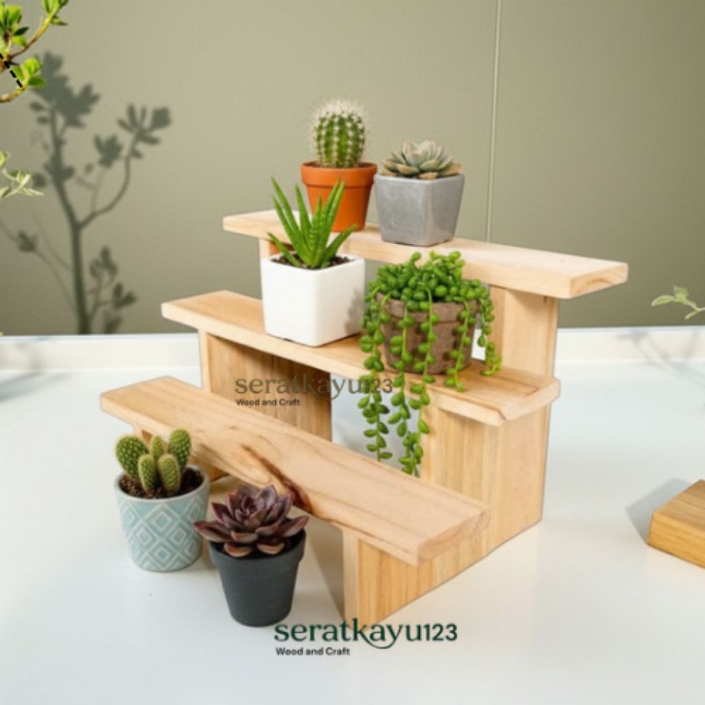 Rak Display Rak 3 Susun 40 cm / Pajang Produk Rak Tangga Kayu Pajangan isi 3 Pcs / Rak Pot Tanaman H