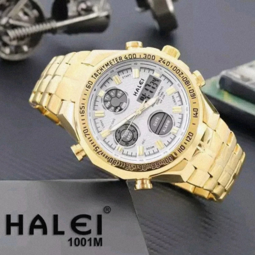 Jam Tangan Halei 1001M Original Pria Analog Digital Rantai Stainless Steel Cowok 1001 Fashion Japan