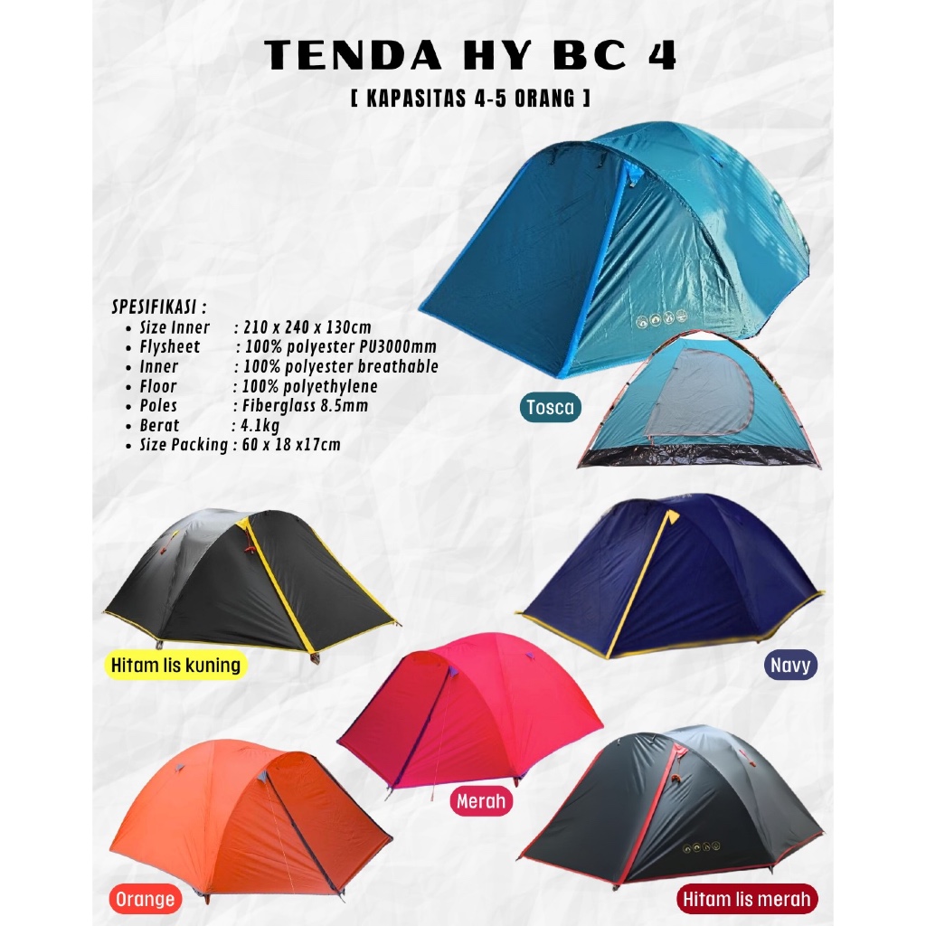 Tenda Camping Gunung Dome HY BC Waterproof Double Layer 4-5P Family Tent Outdoor Frame Fiber Kemping