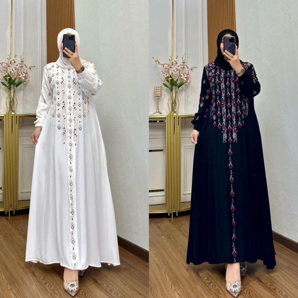 Fatihah Collection - Annisa Twill Bordir - Baju Gamis Bordir Wanita Model Terbaru - Gamis Polos Baha
