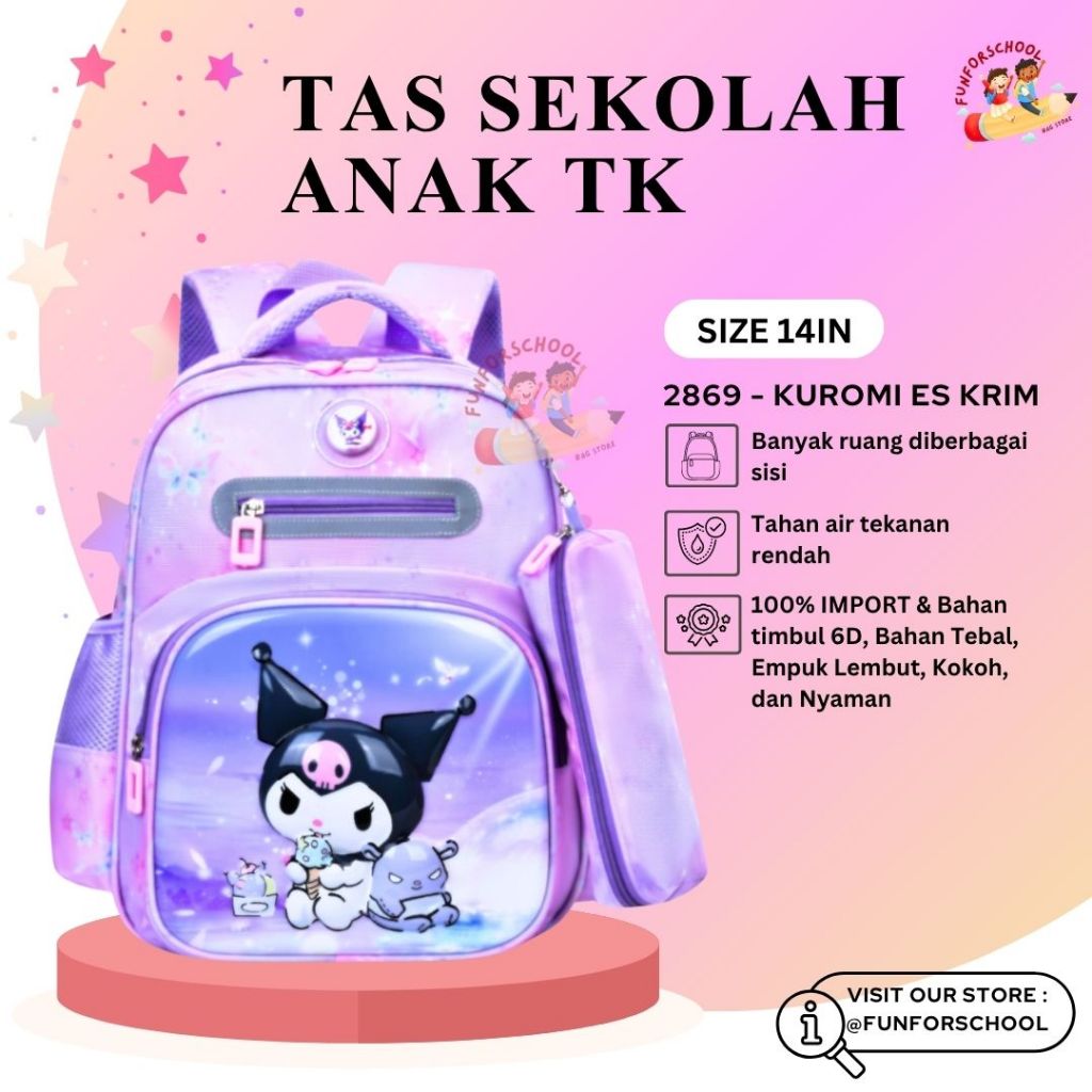 FFS Tas Ransel Sekolah Paud/TK Anak Perempuan Import Premium Free Kotak Pensil LED TImbul 6D Bahan N
