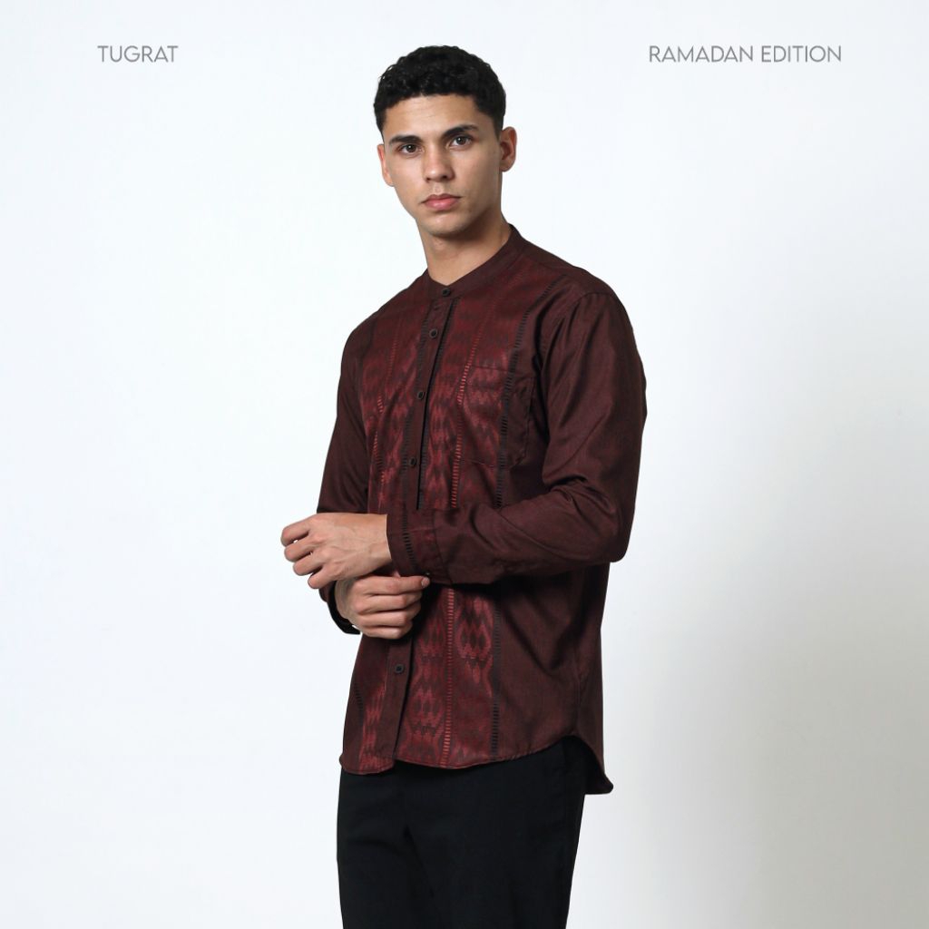 TUGRAT Kemeja koko Dewasa Katun Madinah Kombinasi Songket Lengan Panjang - Burgundy