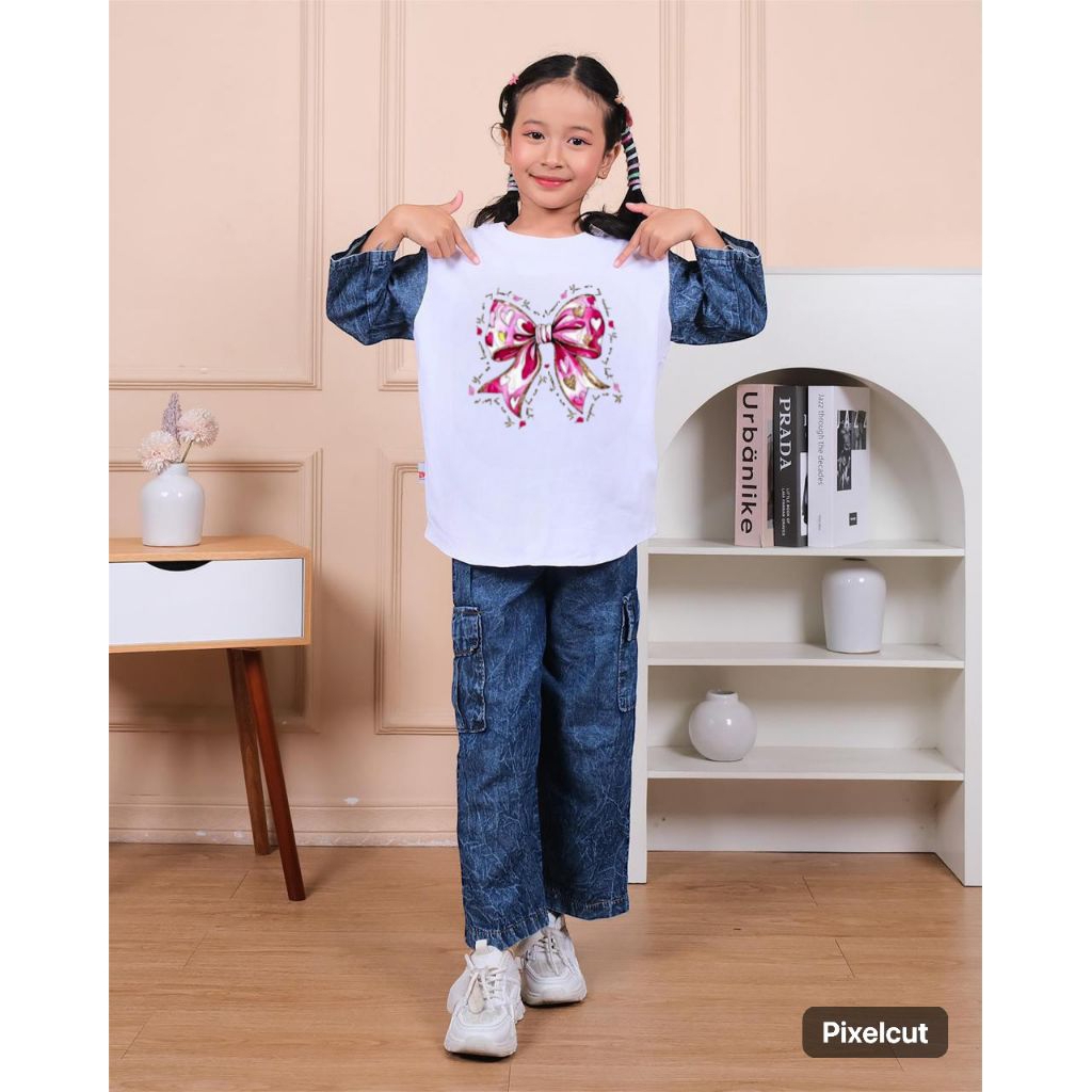 Trend Fashion Baju Anak Perempuan setelan Celana Levis Cargo baju motif Pita usia 3 tahun - 14 tahun