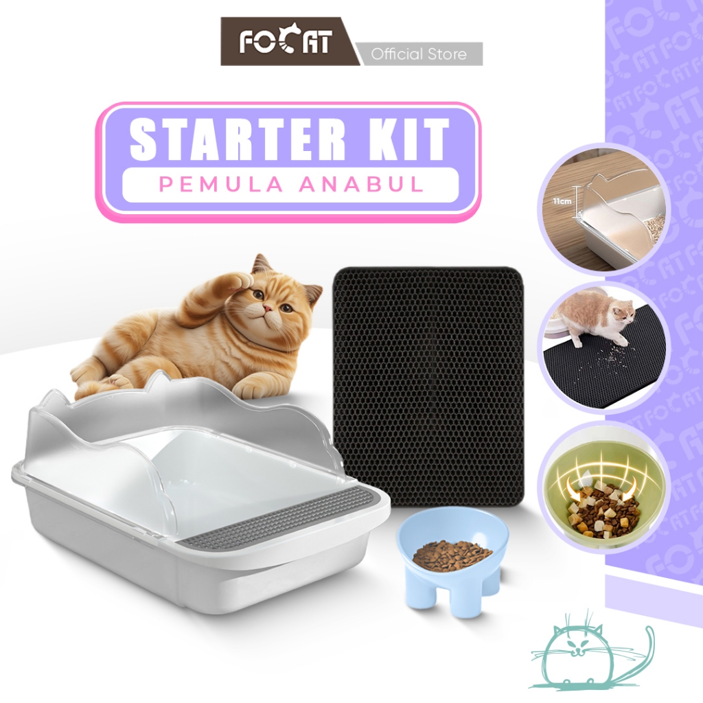 [STARTER KIT PEMULA] FOCAT Pet Litter Box M61 M51 Pet Litter Mat/Keset Pasir M44 Pet Feeder Bowl Kucing