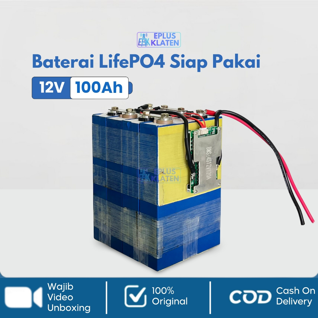 Battery LifePO4 12V 100Ah 12 Volt + BMS Siap Pakai Baterai Cell Tinggi Setrum PDC PAC UPS Backup Lis