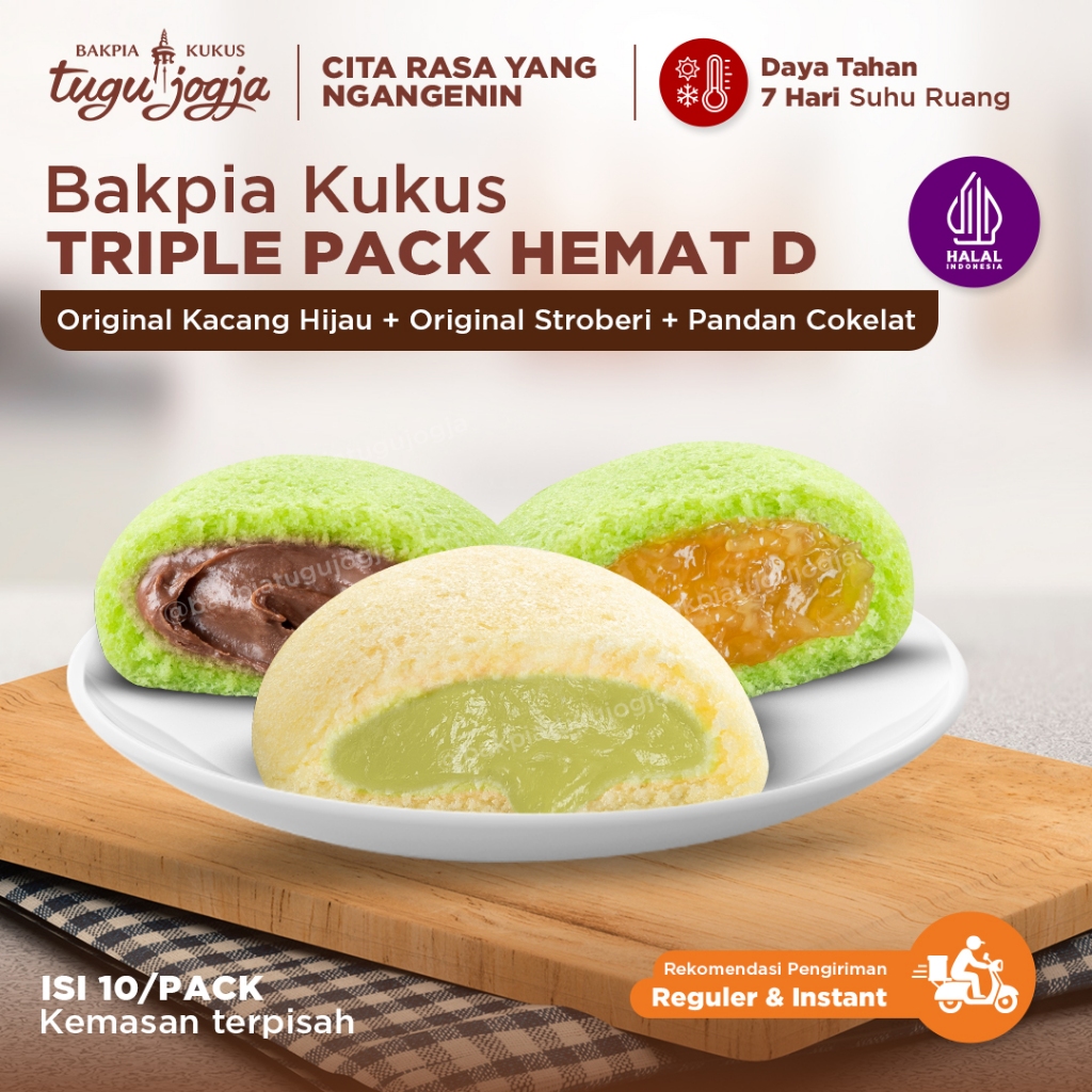 Bakpia Kukus Tugu Jogja Travel Pack, Paket Triple Pack D (Original Kacang Hijau + Original Klepon + 