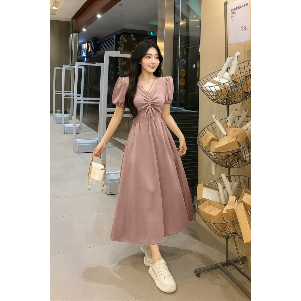* Longdress Wanita Terbaru Korea Style Pesta Wanita Lengan Pendek Gaun Kekinian Remaja Kondangan Bhe