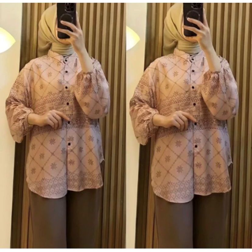 One Set Rayon Crinkle Premium - Atasan Blouse Motif Kerah Shanghai & Celana Kulot / Lurus - Blouse R