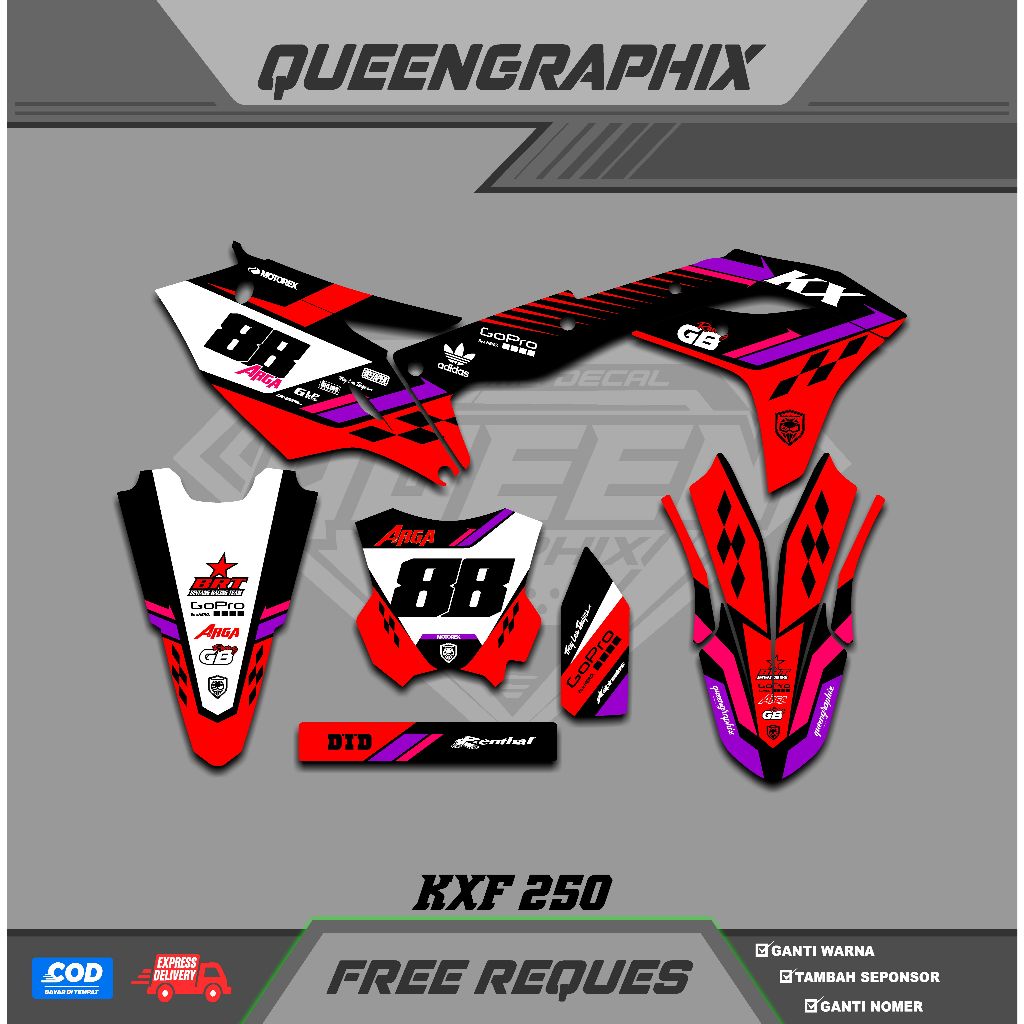 DECAL KX F 250, GTX  KX F 250 BISA CUSTOM DESAIGN NAMA, NOMOR, SPONSOR, WARNA (6)