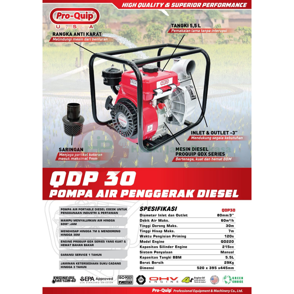 PRO-QUIP Water Pump Diesel QDP-30 Mesin Pompa Air Penggerak Diesel Solar 3" Inch QDP 30 Mesin Pompa 