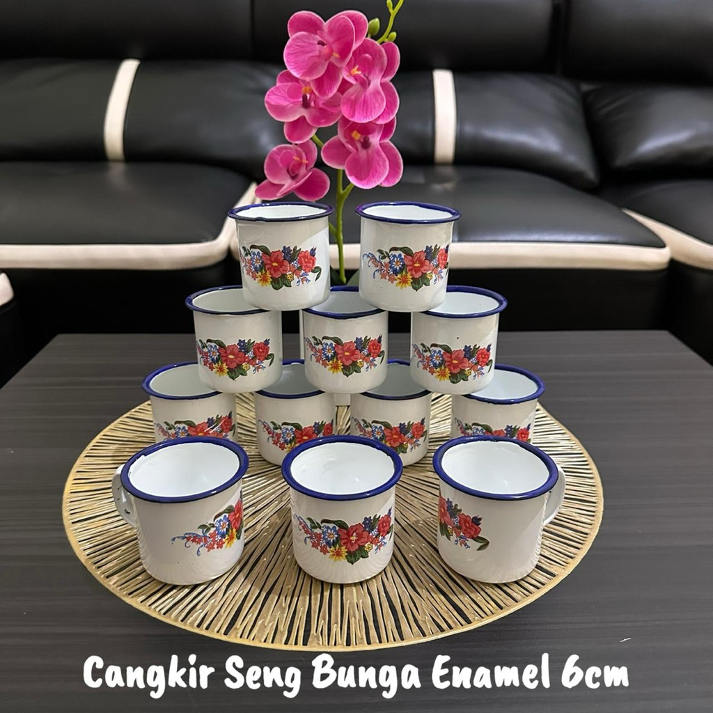 Mug Enamel 6cm Motif BUNGA Isi 12 PCS - Cangkir Gelas Mug Bahan Seng - Cangkir Gelas Enamel - Mug En