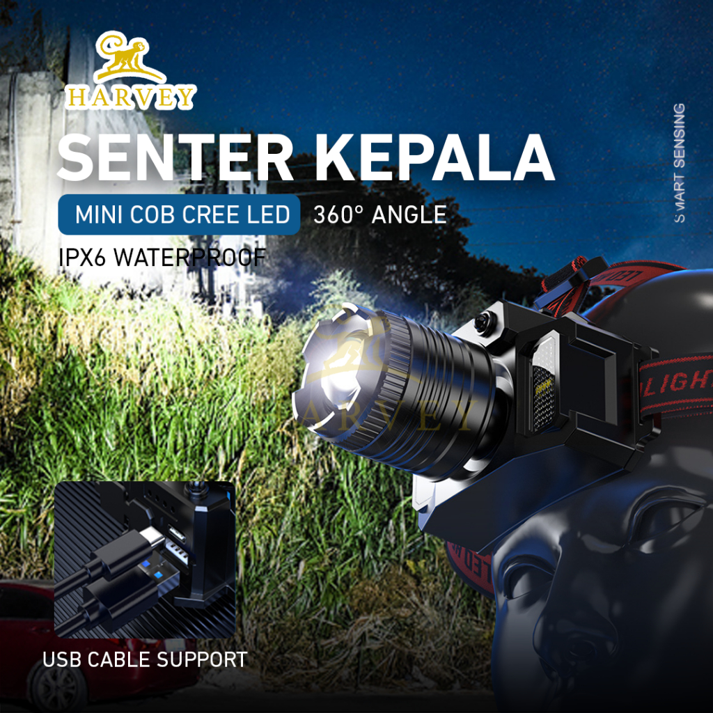 Lampu Kepala LED | Senter Kepala Super Terang 5000 Lumen Pengisian USB-C 6 Mode Cahaya Lampu