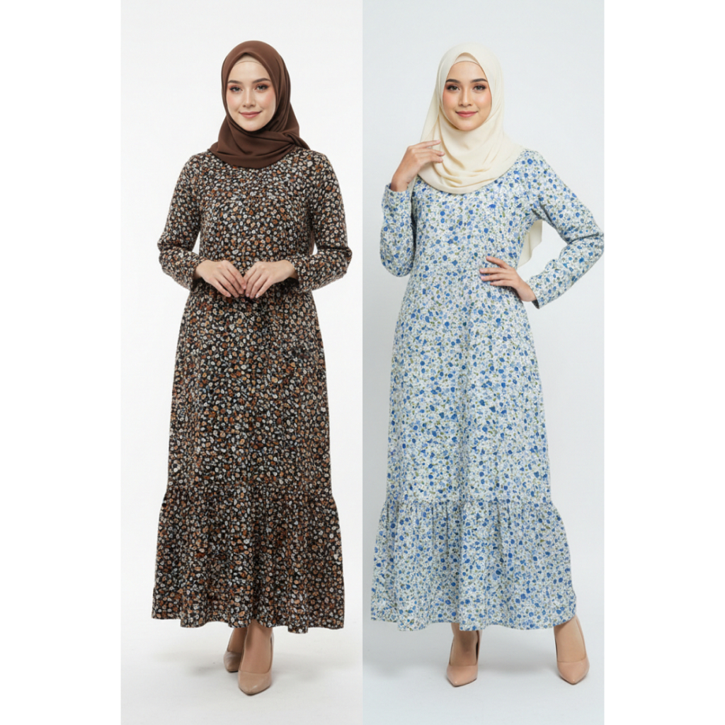 Midi Gamis Motif Bunga Kecil Bahan Rayon Jatuh