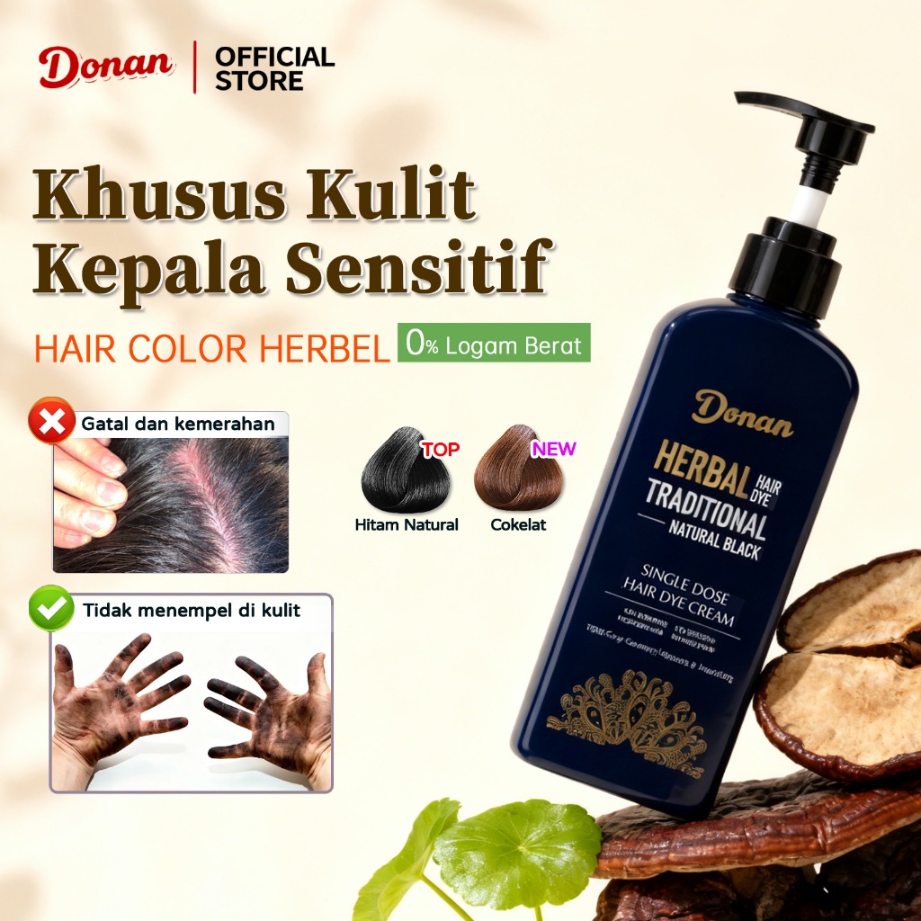 Donan Pewarna Rambut Hitam Herbal permanen anti luntur / Semir Rambut cat rambut shampoo warna Tanpa