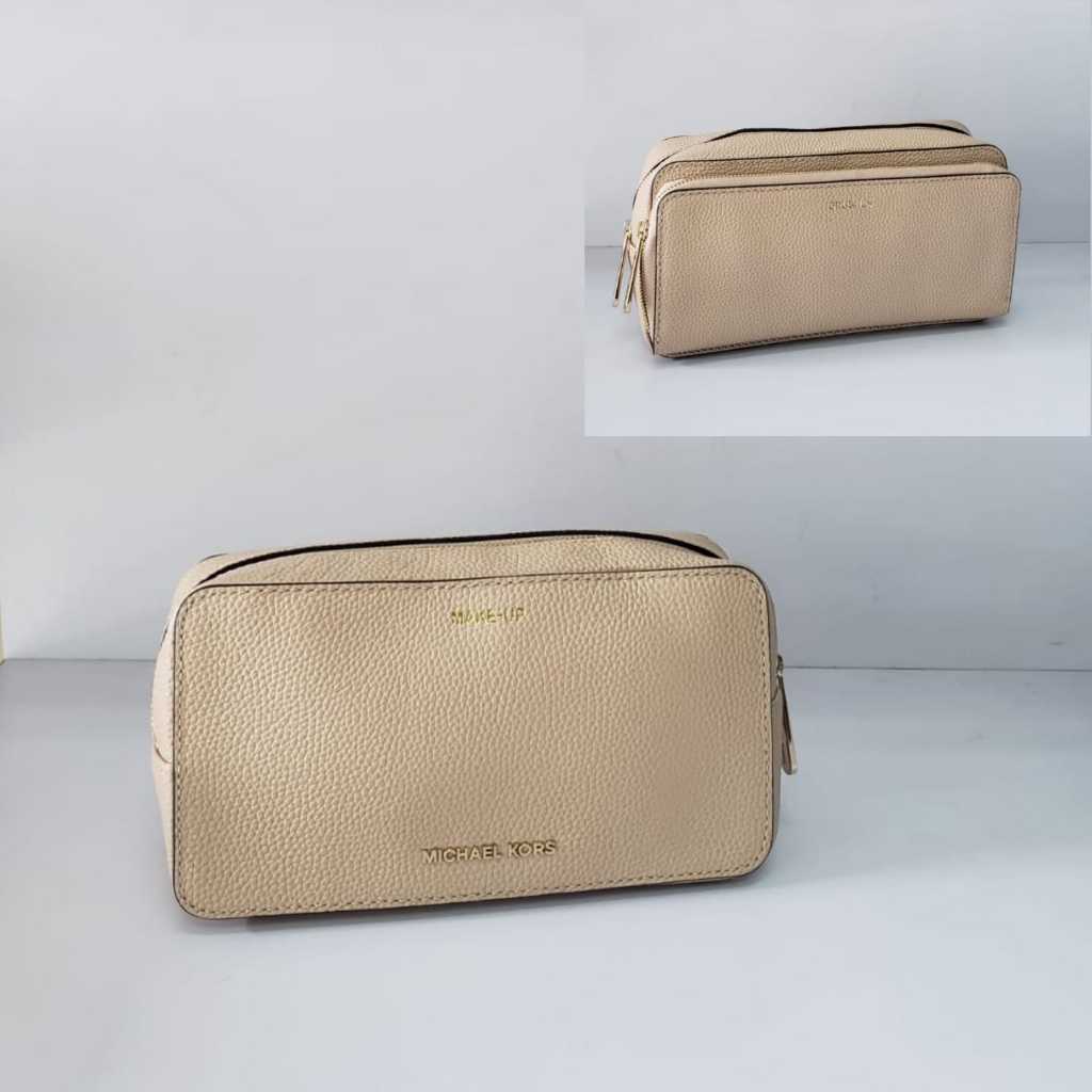 Tas Wanita Branded MK Mercer Large Double Zip Travel Pouch Leather. 20 x 10,5cm, Oyster. ORIGINAL