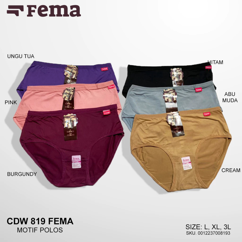 6 & 3 Pcs FEMA Celana Dalam Wanita Polos 819 Katun Lembut Size L XL 3L