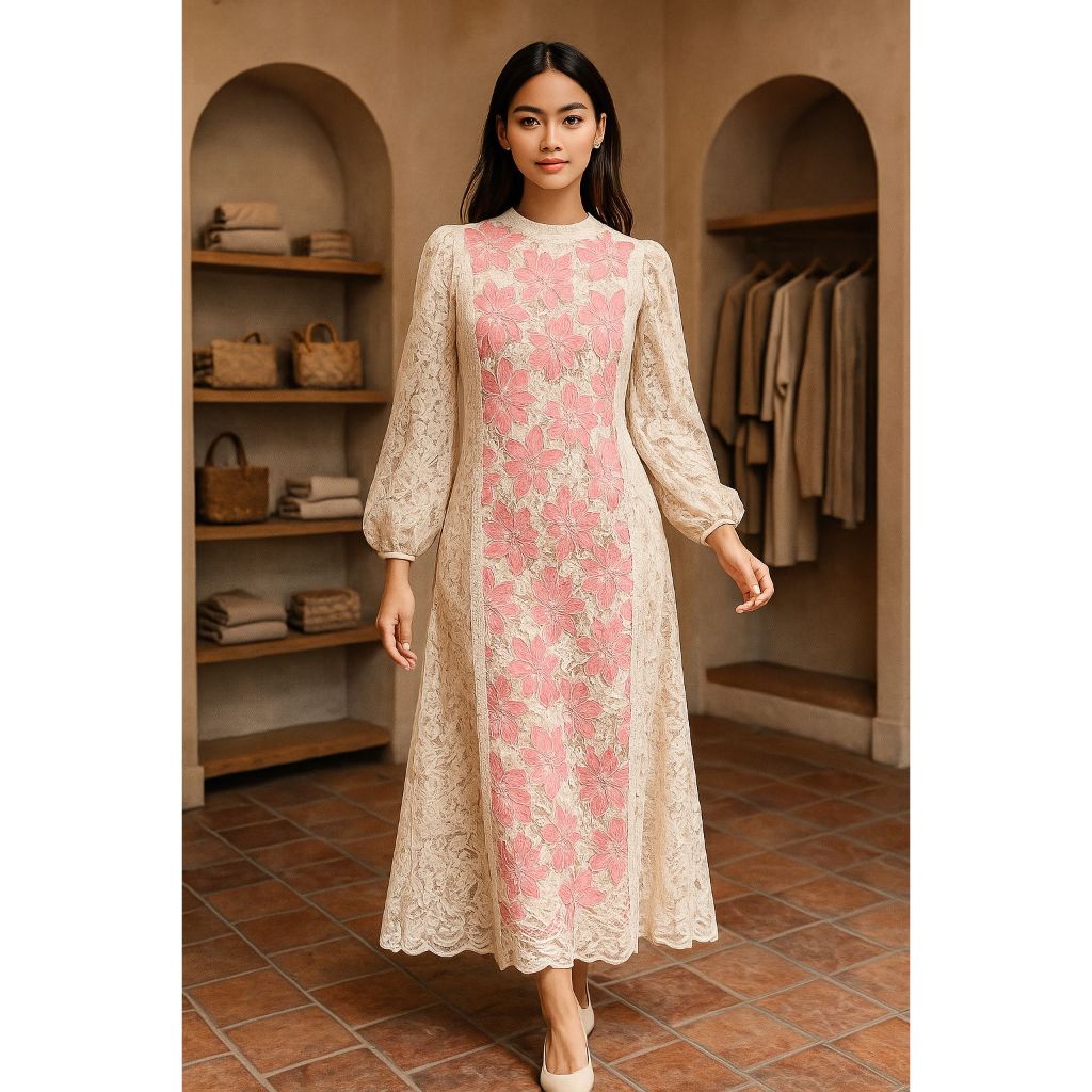 Dress Lesti motif bordir Mix Gamis Brukat halus  fashion wanita muslim terbaru by Ratu Aisyah Fashio