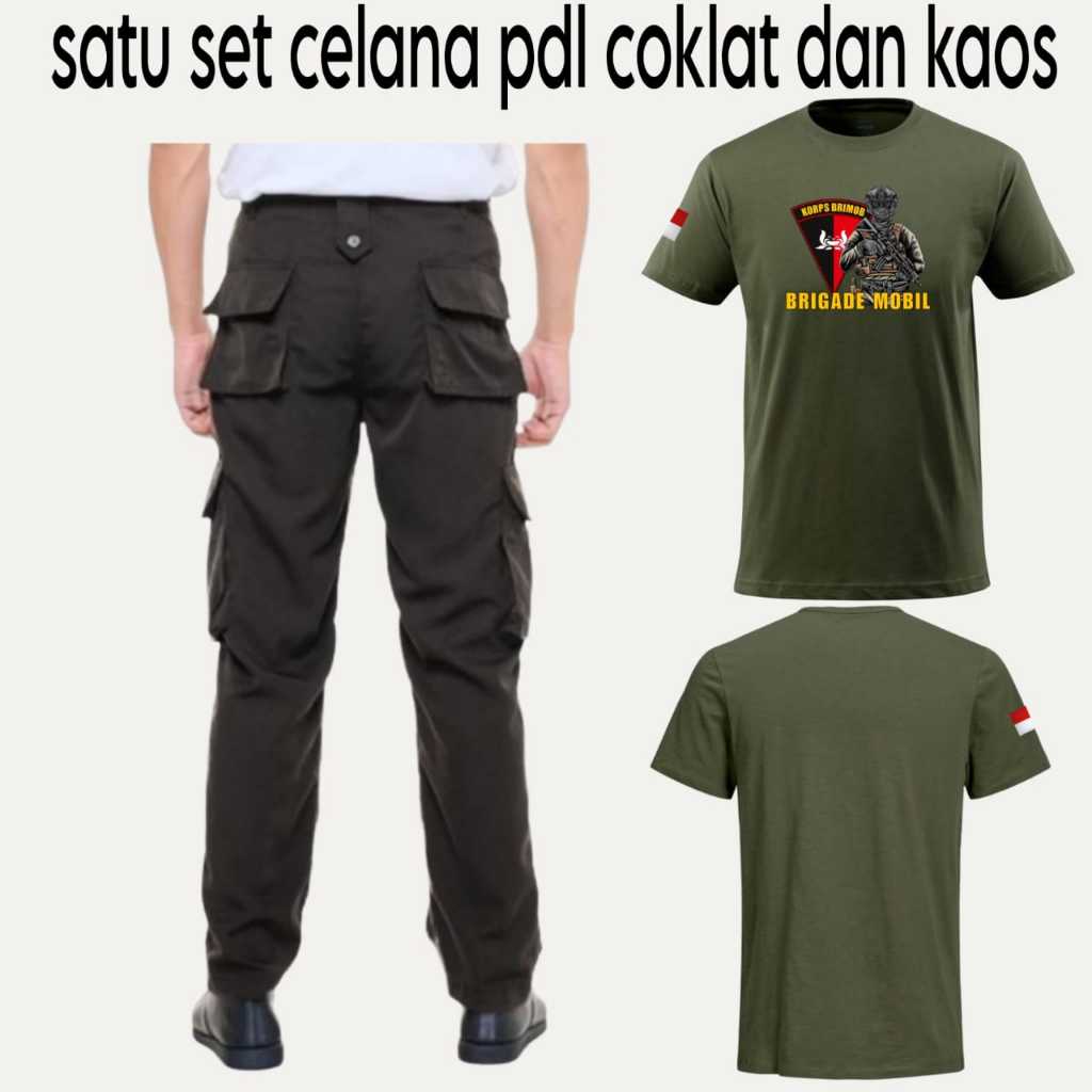 CELANA PDL BRIMOB COKLAT SATU SET DENGAN KAOS HIJAU