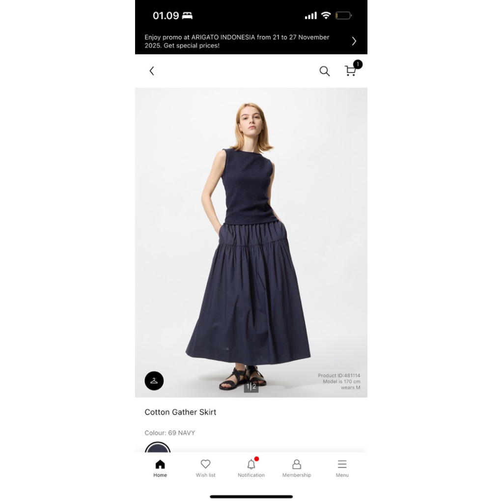 PRELOVED Uniqlo Cotton Gather Skirt Navy - L