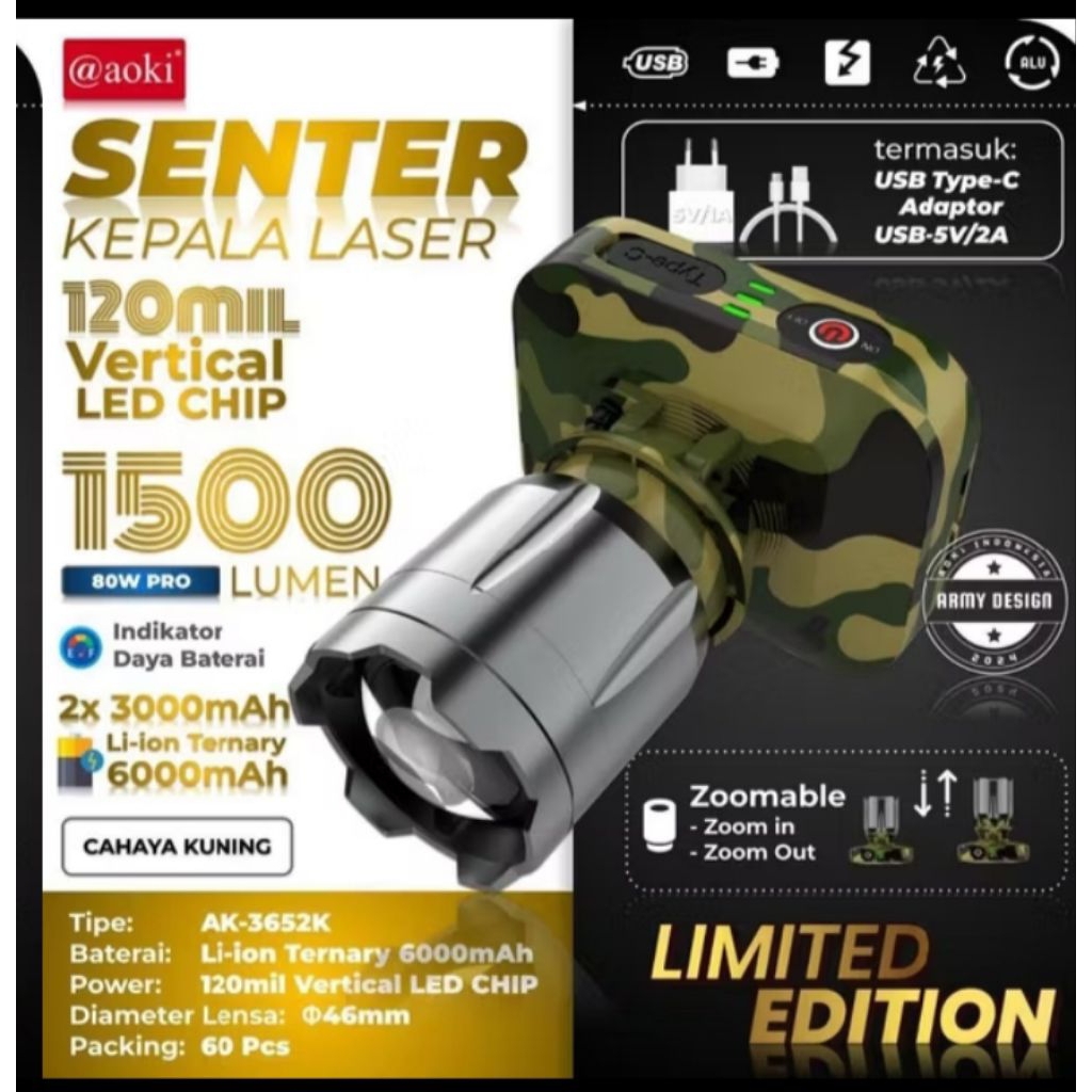 ORI Senter Kepala LED Zoom Laser 80 Watt 1500 Lumen Aoki AK-3651A/AK-3652K Army PRO C...ORI Senter K