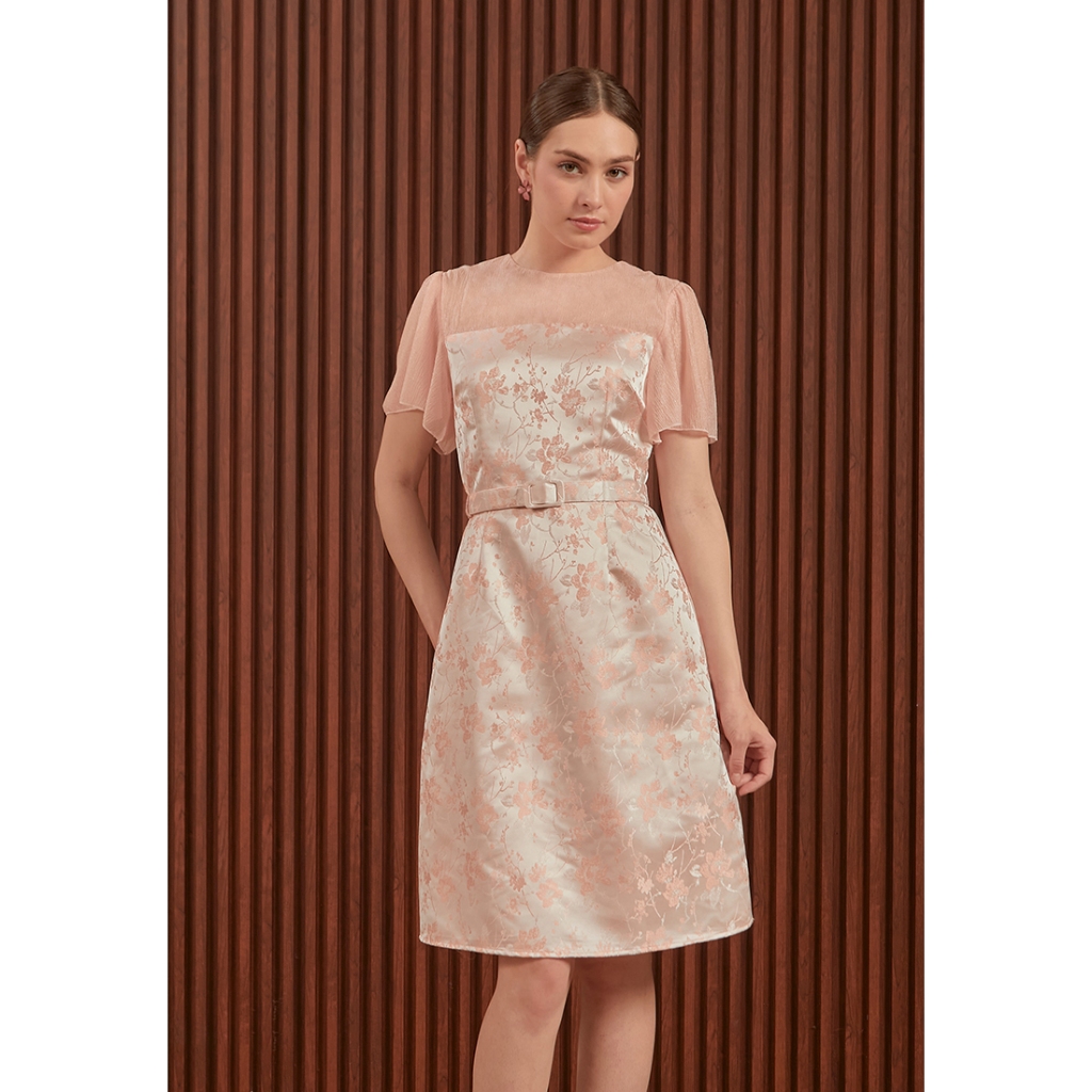 ESYE Opera – Hilary Dress in Pink & Gold | Dress Jacquard A-Line Wanita