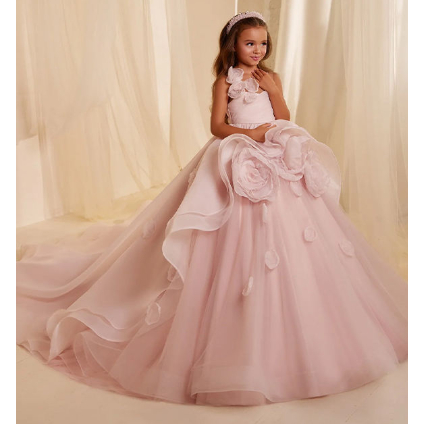 gaun pesta  anak organza pink  lengan pendek / dengan ekor  flowers  organza  / wedding dress kids