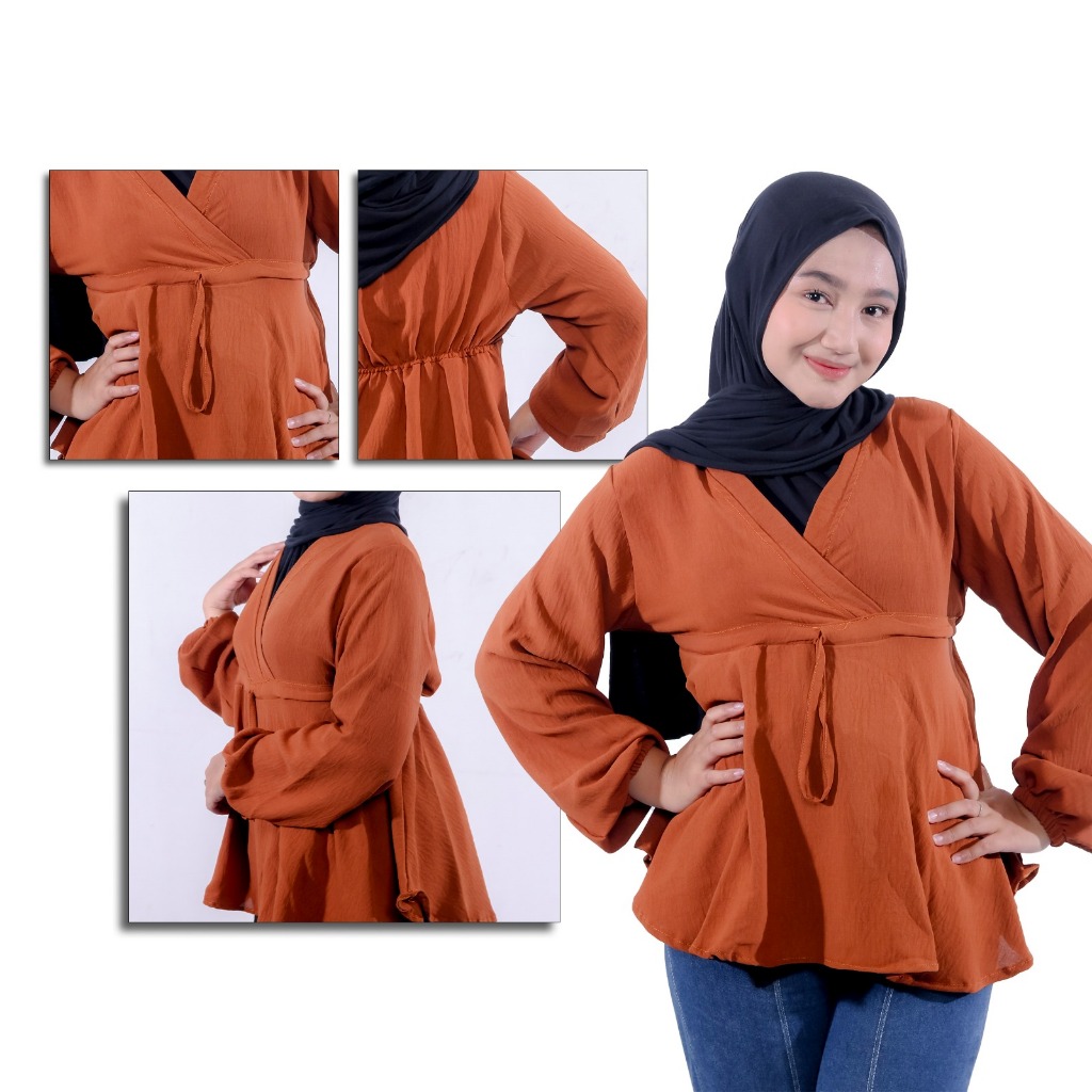 baju atasan wanita terbaru Blouse Serut Pinggang Tangan Balon Karet / Blouse Karet Pinggang