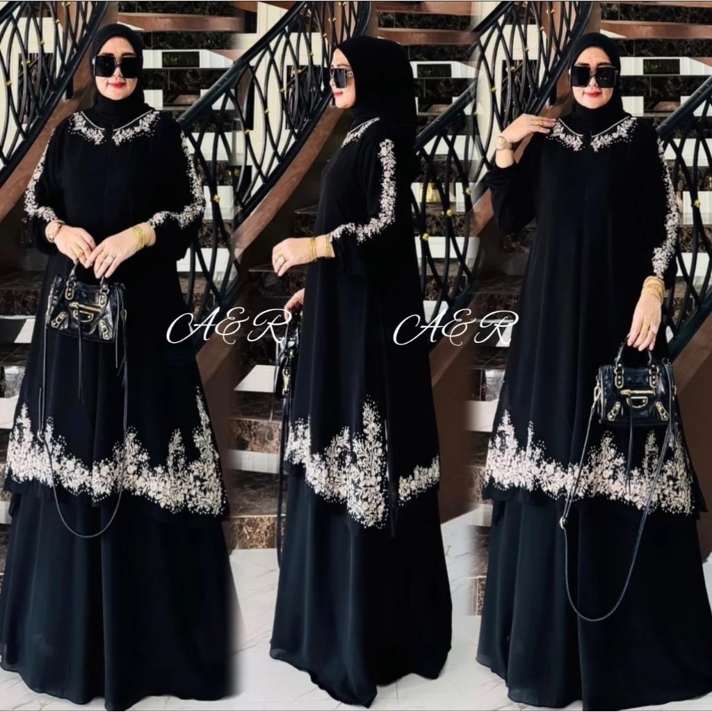 Jasmin Dress Malaysia || Gamis Set Hijab Segi4 Terbaru || Gamis Kurung Cruty Bordir Payet Tabur Mewa