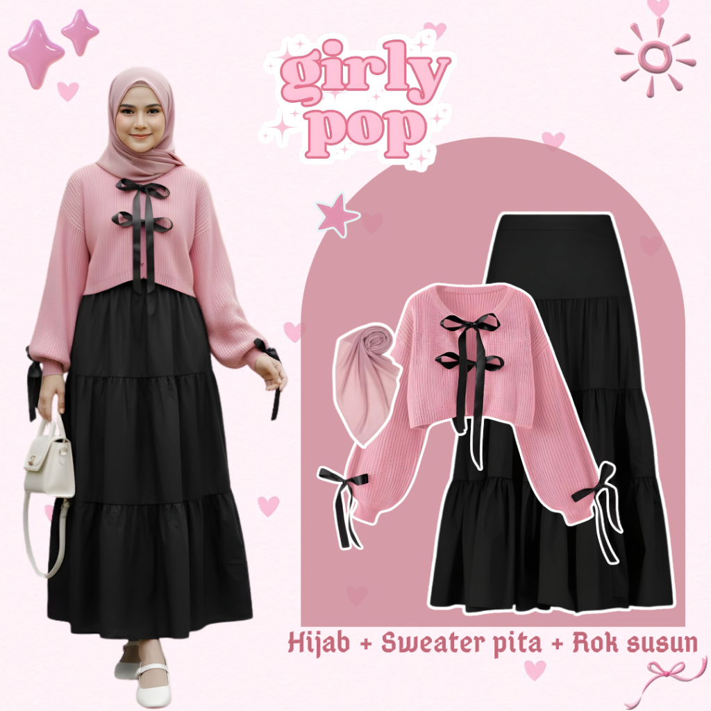One Set 3 in 1 Korean Fashion Wanita | Sweater Pita Ribbon Pink Rajut Premium + Rok Susun Hitam Hyge
