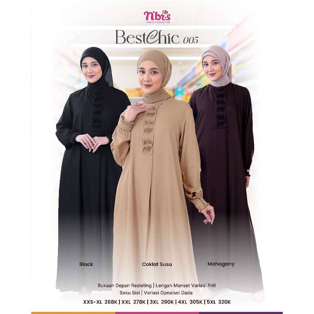 Gamis Nibras Bestchic 005 Mahogany Hitam Coklat Susu