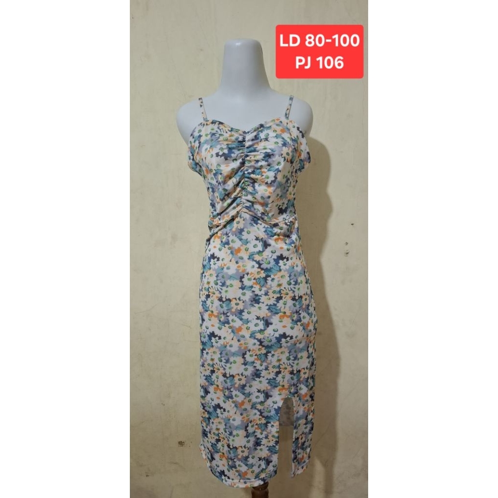 Midi Dress Tali Kecil Motif Bunga Kerut