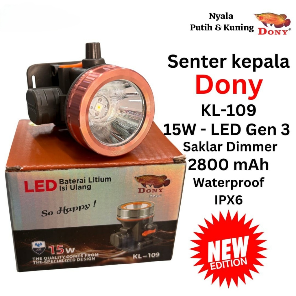 Senter Kepala Dony 15W KL-109 Waterproof IPX6 super terang original 100% II senter kepala dony KL-10