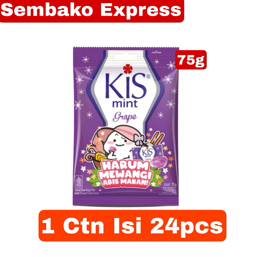 KIS Mint Grape 75g - 1 Karton Isi 24 Bungkus - Permen Anggur Menyegarkan, Harum Tahan Lama