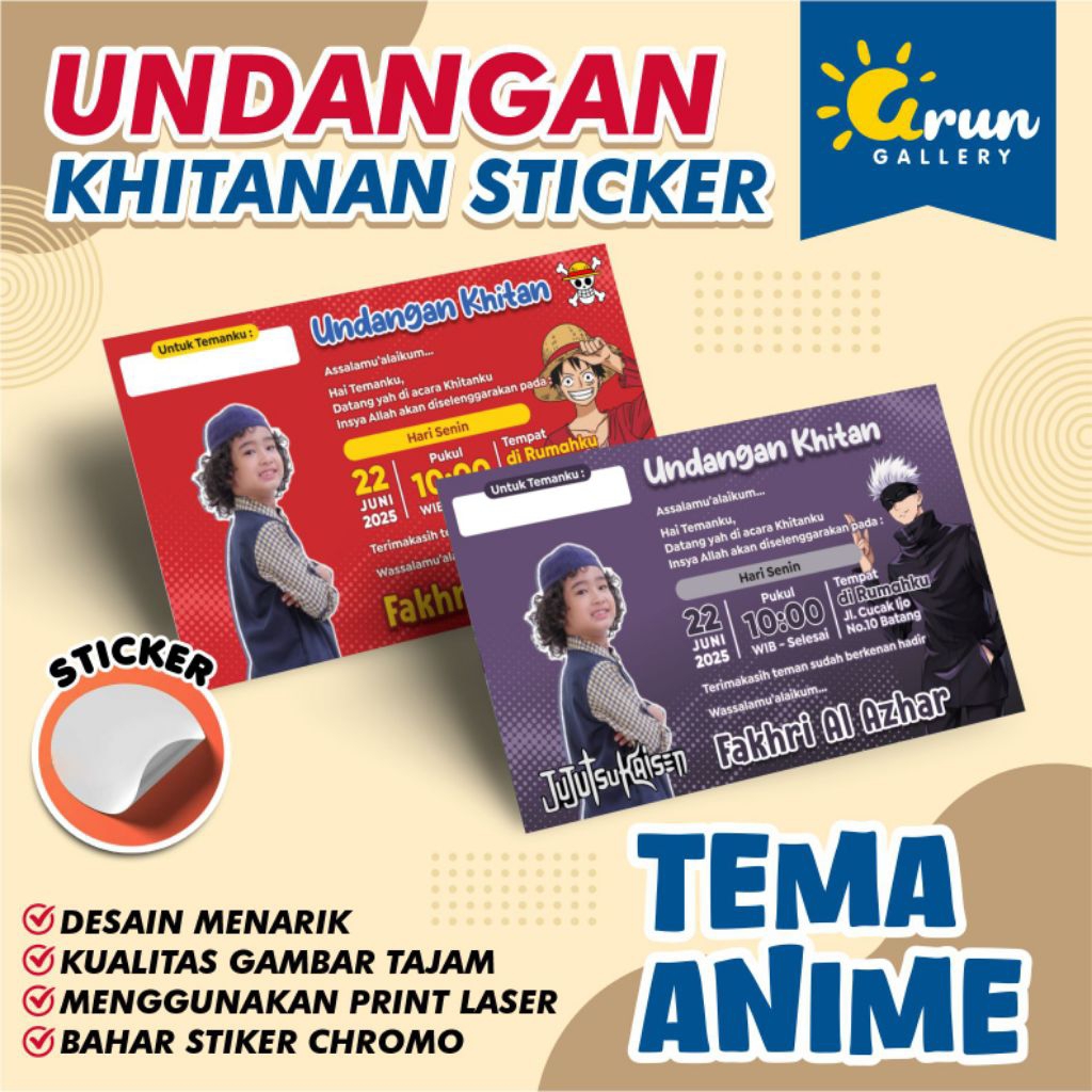 UNDANGAN BAHAN STIKER KHITAN UNTUK TAMU ANAK, DENGAN TEMA KARAKTER ANIME