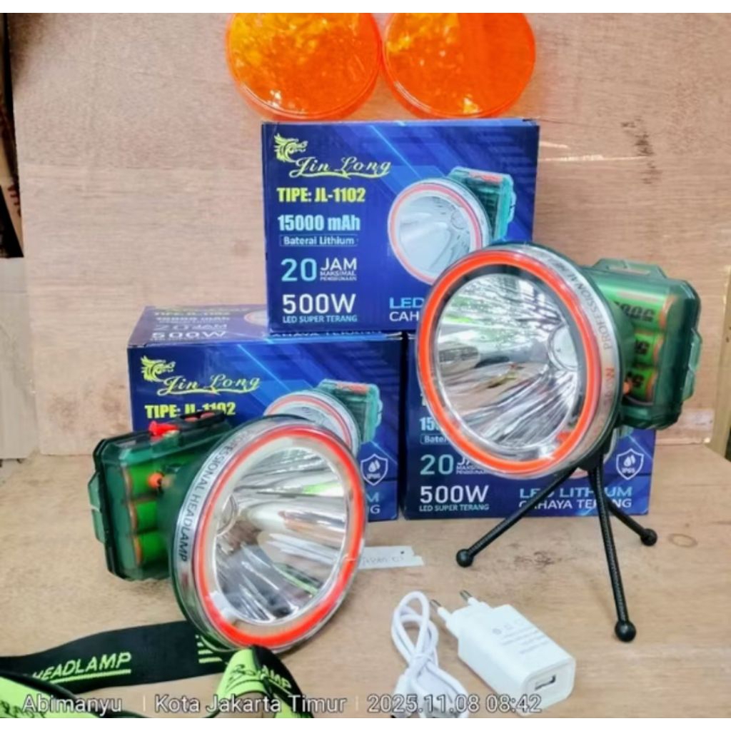 Senter kepala jinlong jl-1102p LED CHIP LASER 500 WATT waterproof IP65 bateraf 3x18650 kapasitas 15.