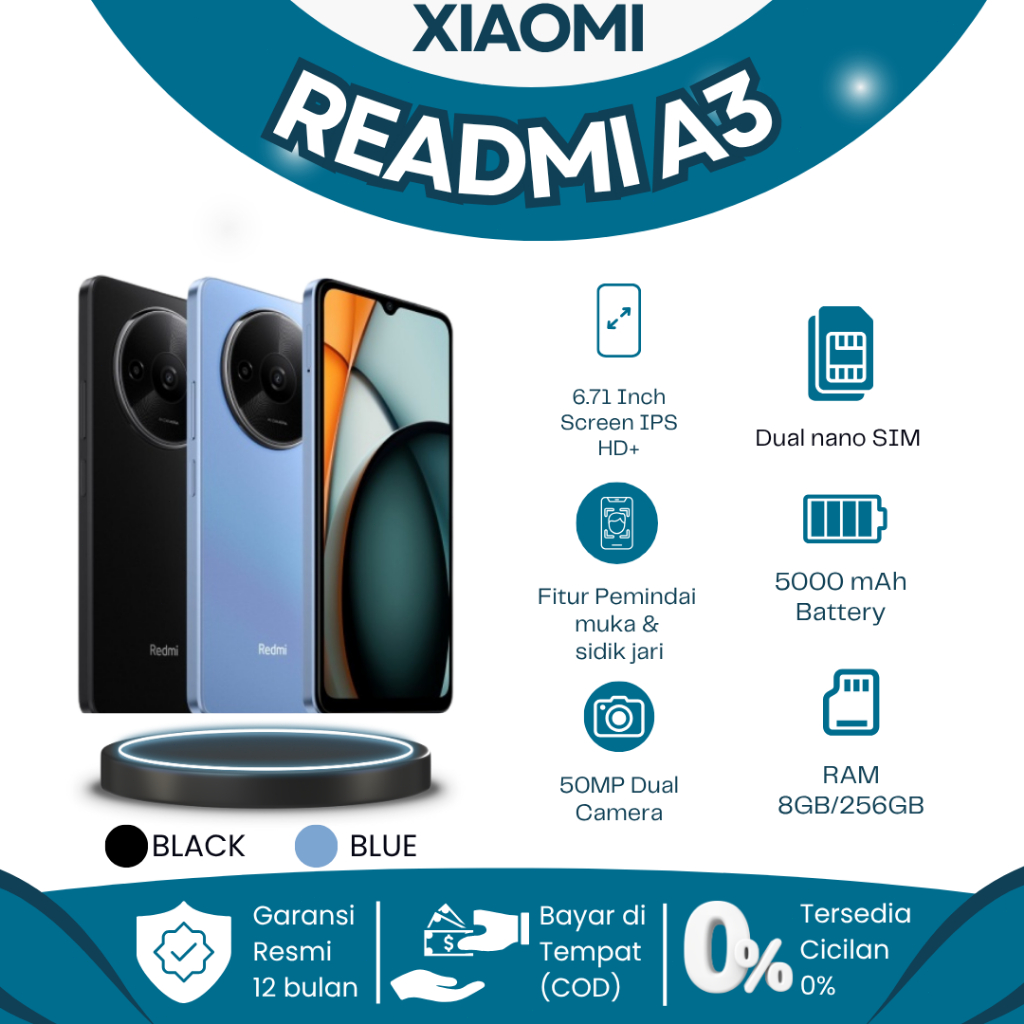 Redmi A3 Asli RAM 4/128GB/256GB Terbaru 2025 – HP Xiaomi Murah Desain Premium Helio G36 Layar Besar 
