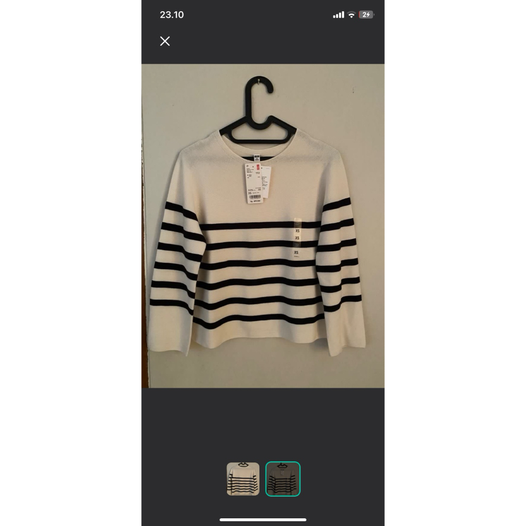 Sweater Rajut 3D Knit Katun Garis Kerah Bulat Lengan Panjang Knitwear Outer Wanita UNIQLO
