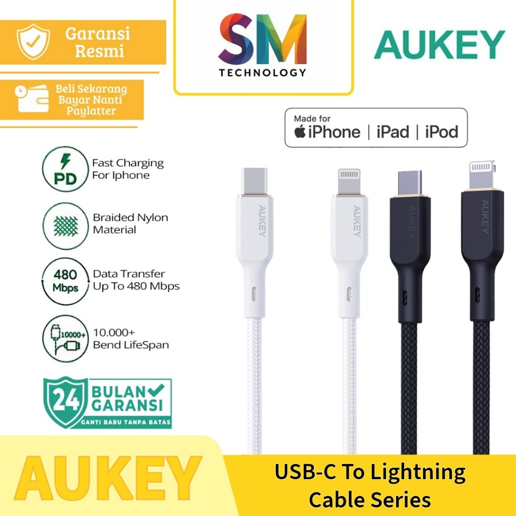 Aukey Kabel Data Charger USB C TO LIGHTING for iphone original garansi 2 tahun