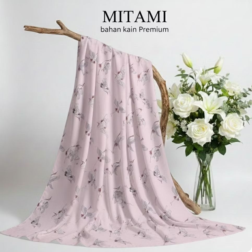 Kain Satin Baby Silk Premium Motif Bangau Crane Jepang Bahan Baju Tidur Piyama Daster Kimono Lembut 