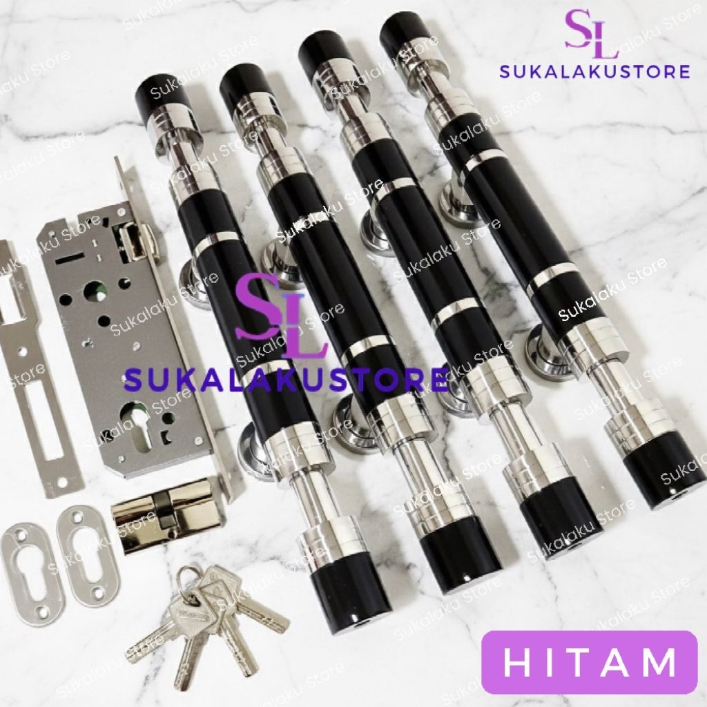 (4biji) Handle Pintu Model Barbel dan Kunci Set Gagang Pintu Minimalis Hitam Elegan