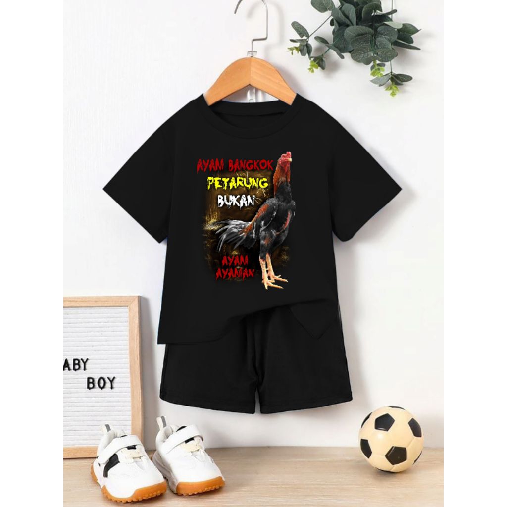 SETELAN ANAK KAOS SETELAN DISTRO SABLON PLATISOL MURAH MERIAH MOTIF BARU AYAM BANGKOK PETARUNG BISA 