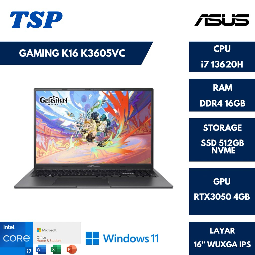ASUS GAMING K16 K3605VC i7 13620H RTX3050 RAM 16GB 512GB 16" WUXGA IPS WIN11+OHS