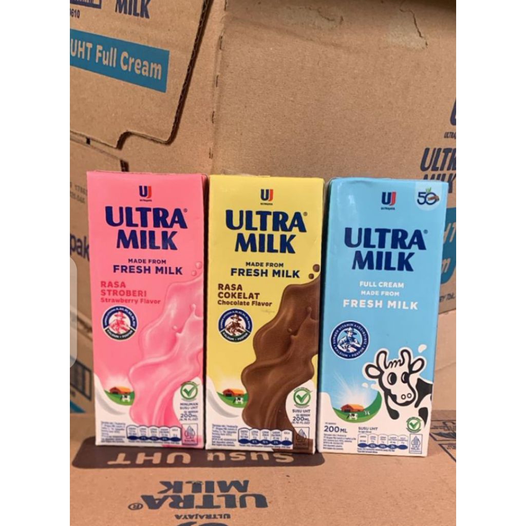 1 dus isi 24 pcs Susu kotak ultra milk UHT 200 ml rasa strawberry/ coklat/ full cream pusat grosir b