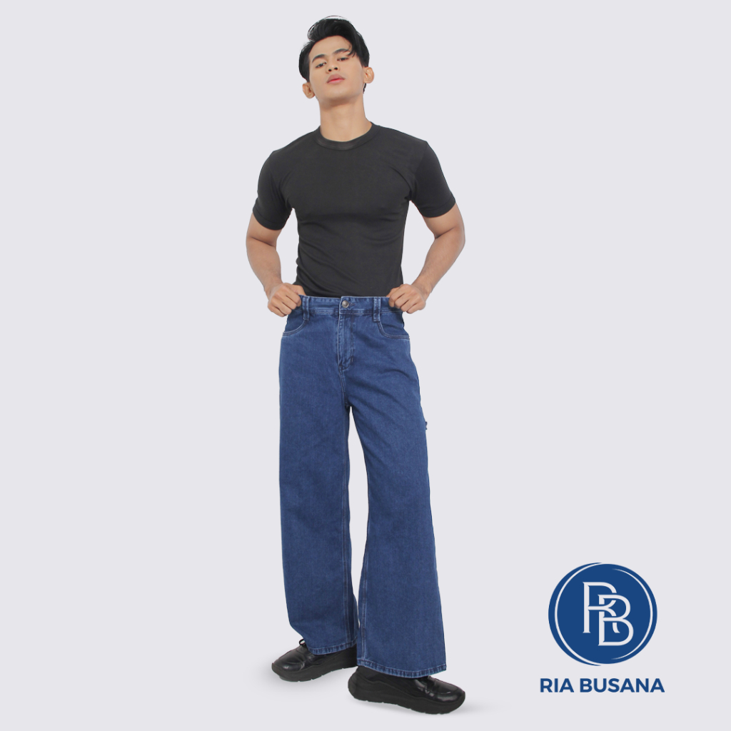 Ria Busana - Kendy - Celana Jeans Panjang Dewasa Pria Letro Baggy Lebar Gombrong Skena Blue