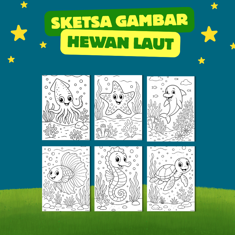 Sketsa Gambar Mewarnai Untuk Anak TK dan Paud Tema Hewan Laut (Random)