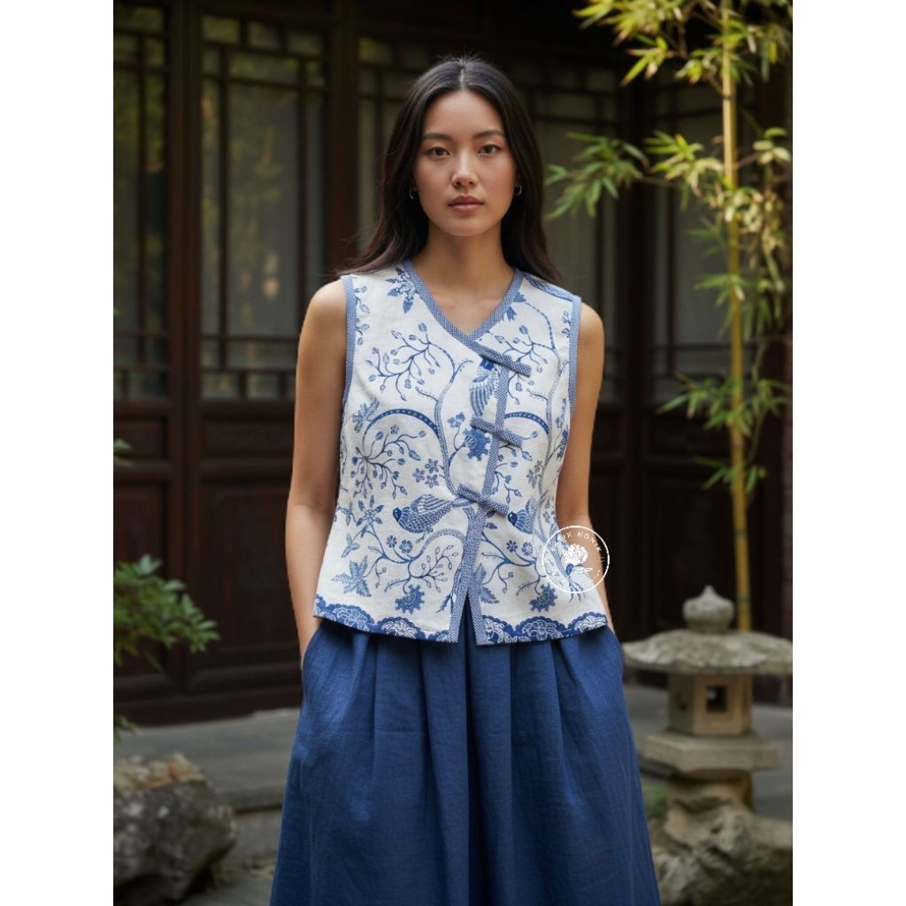 BATIK NONIK blouse batik cheongsam atasan imlek wanita sleeveless baju cny batik putih biru chinoise