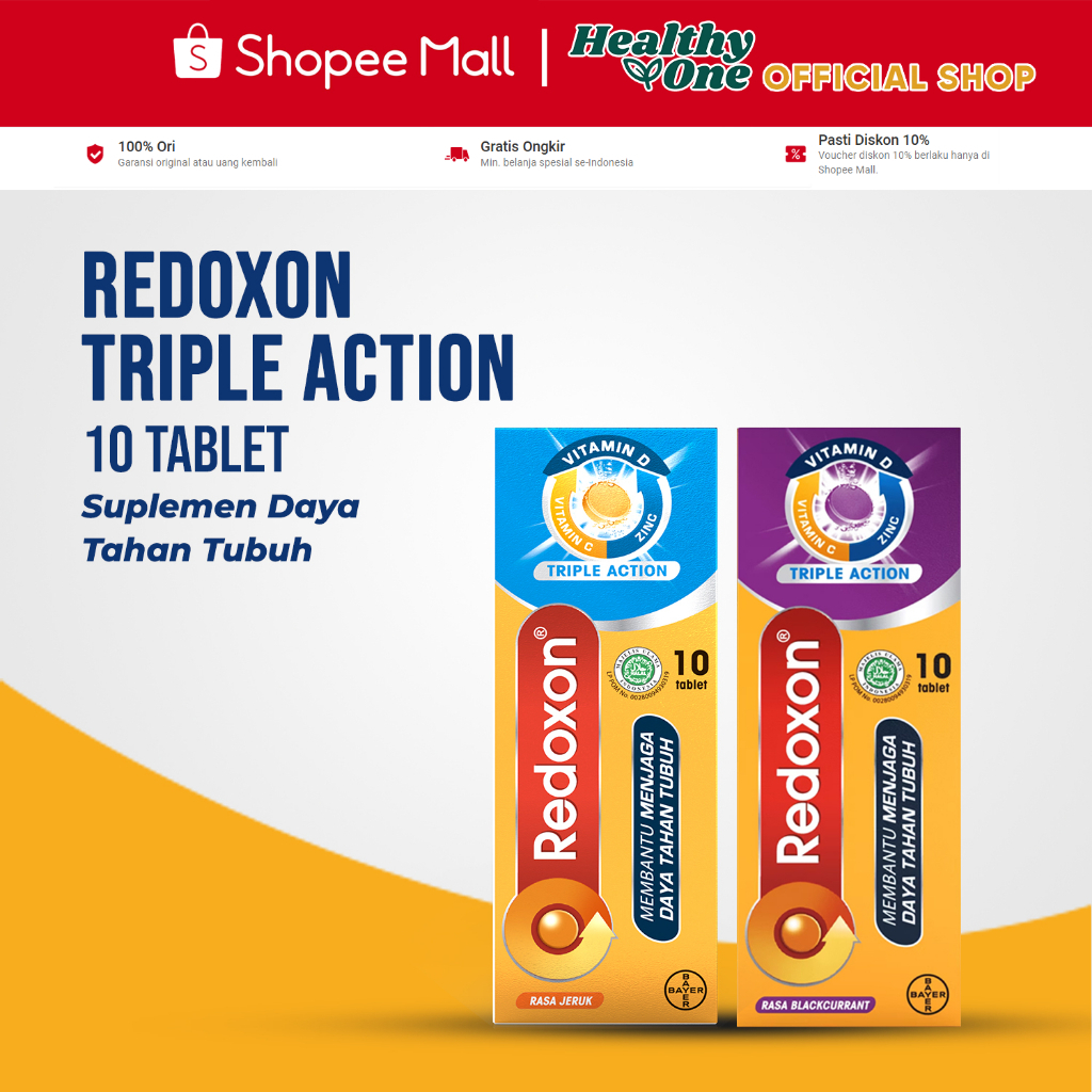 Redoxon Triple Action Isi 10 Tablet, Vitamin C Dan Zinc - Rasa Jeruk & Blackcurrant