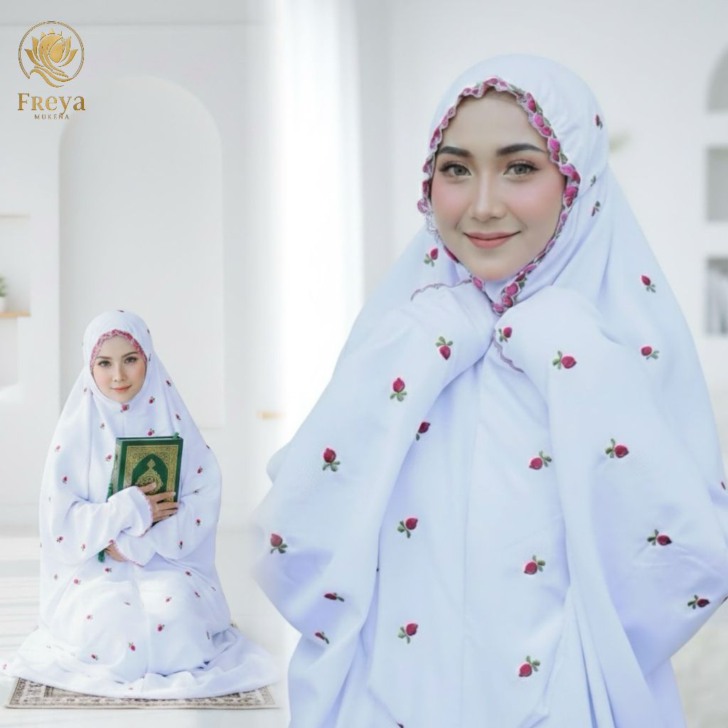 Mukena Terusan Dewasa Putih Premium Seribu Bunga Sutra | Telekung Lajur Santri Jumbo Katun Polino Mi