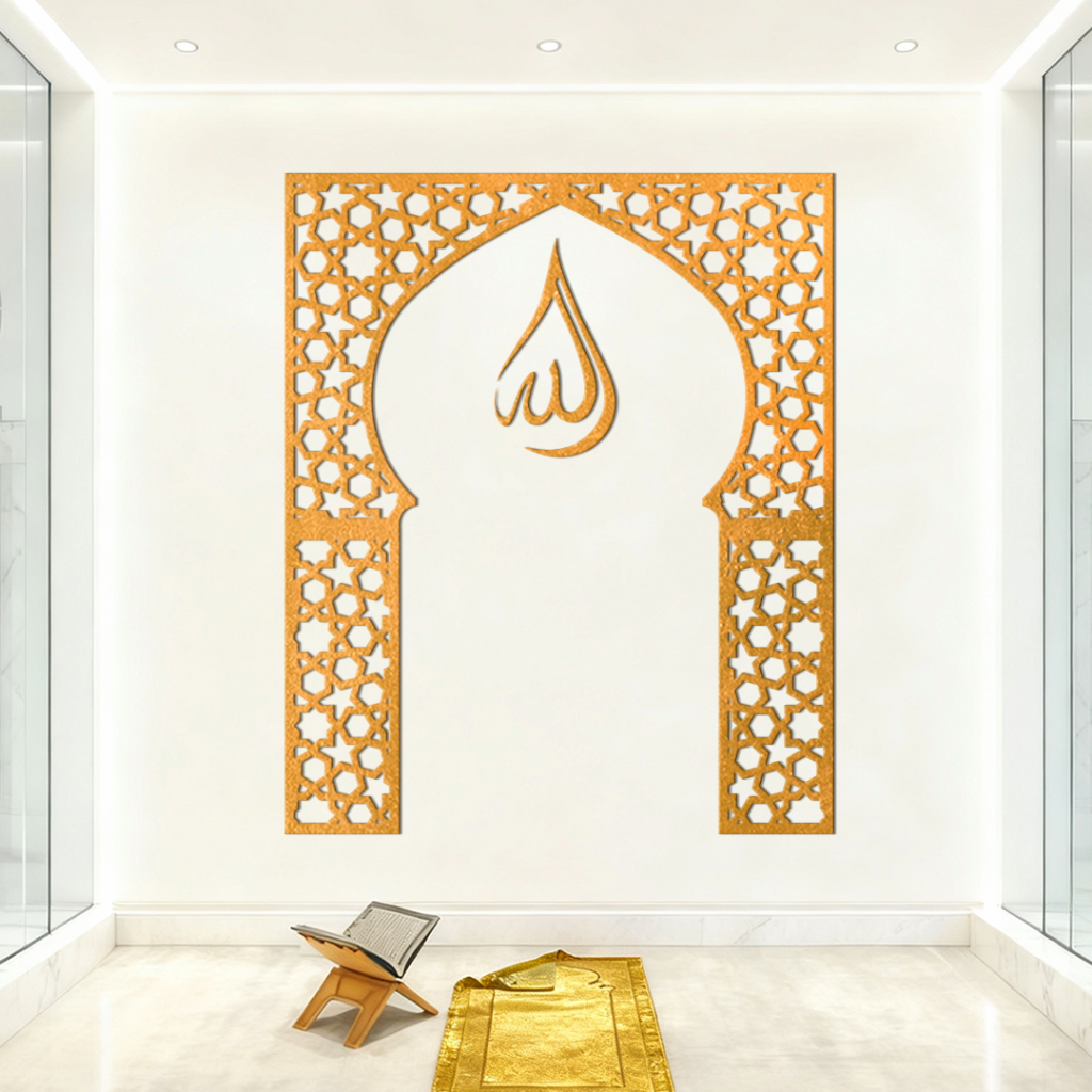 walldecor kayu mihrab musholla rumah - walldecor mihrab ruang sholat - pajangan kayu mihrab